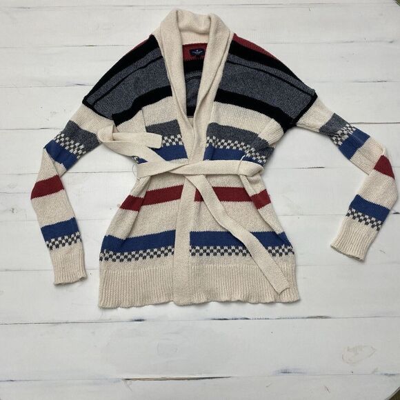 American Eagle Shawl Collar Stripe Southwest Tribal Knit Belt Cardigan Sz Small - Picture 1 of 15